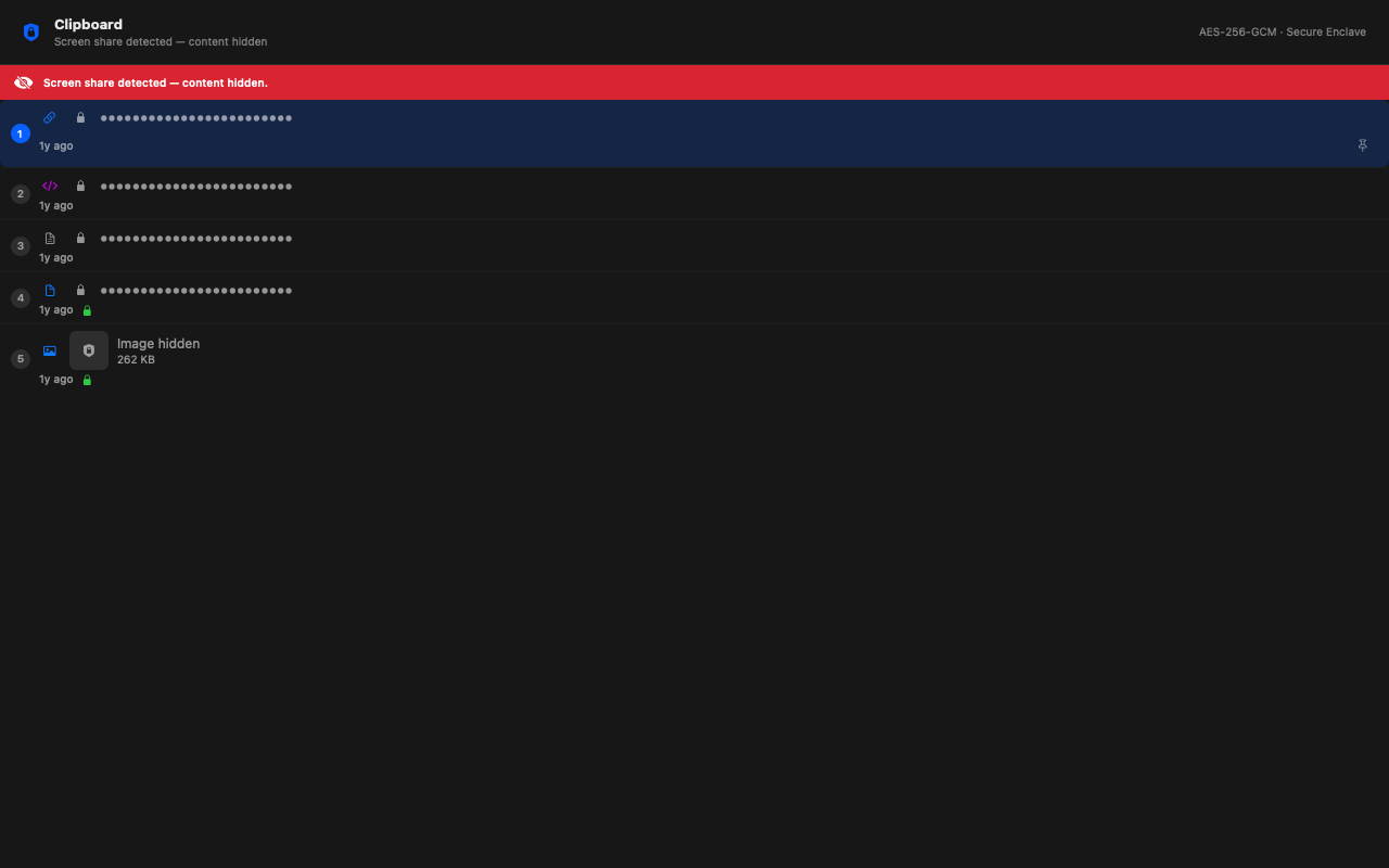Copywarden history popup with a detected API key shown redacted